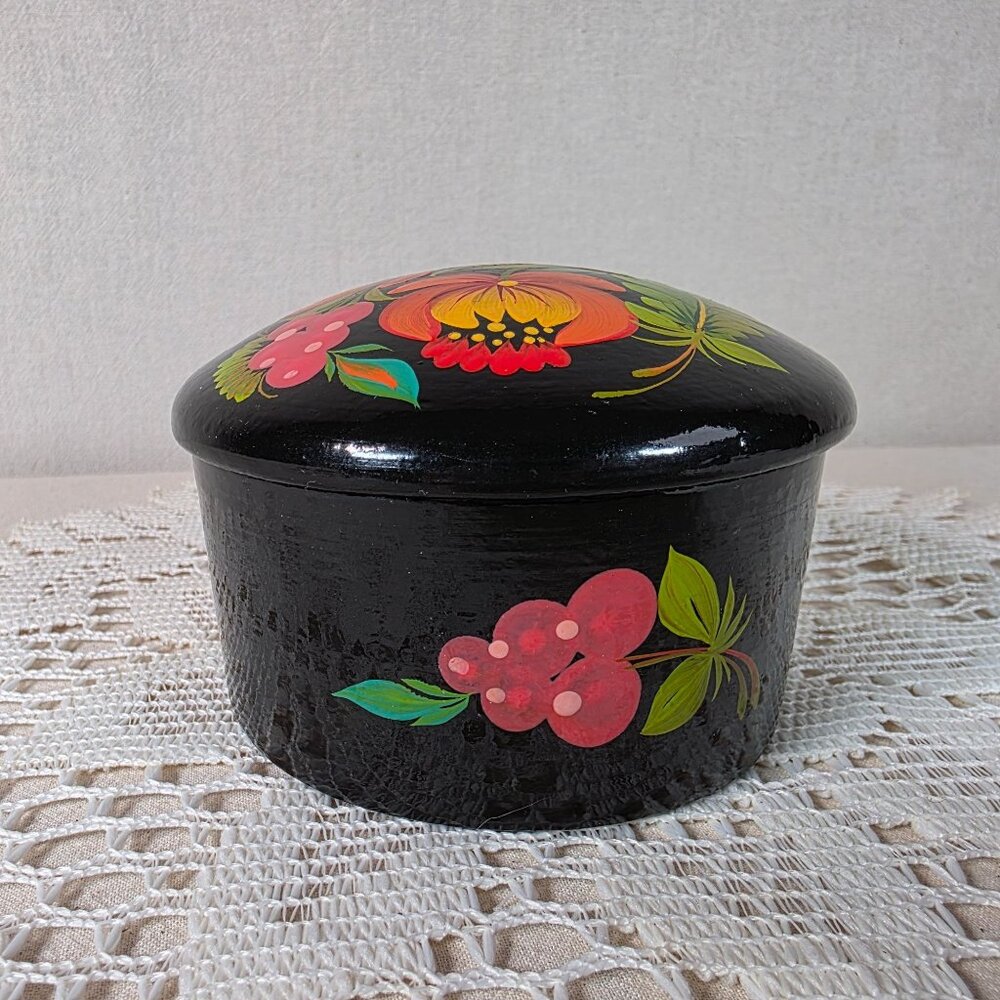 Vintage Russian Hand Painted Wooden Lacquer Floral Trinket Box